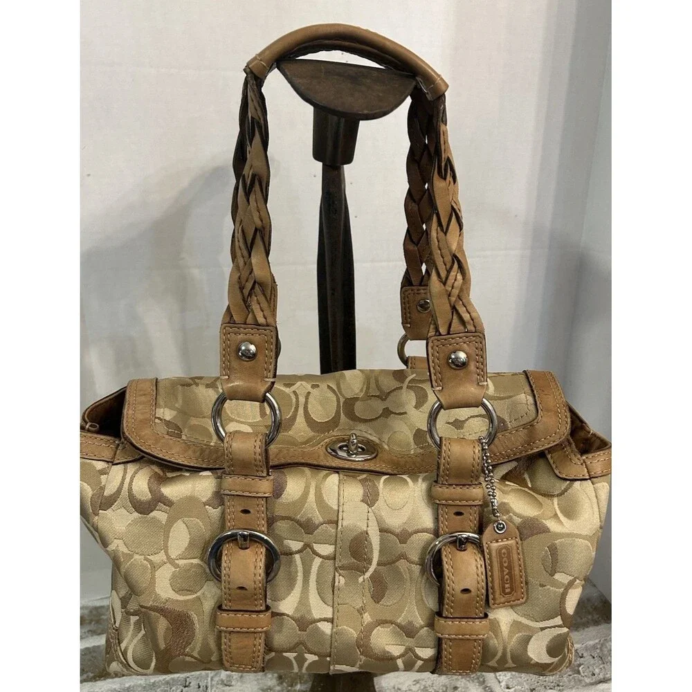 Y2K Coach Chelsea Optic Signature Turn Lock Satchel 10995 Tan Braided Handles